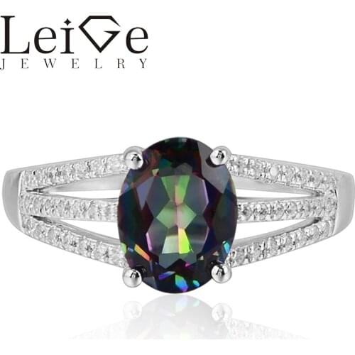 Leige Jewelry Natural Rainbow Colorful Mystic Topaz Rings 925 Sterling Silver November Birthstone Oval Cut Wedding Rings