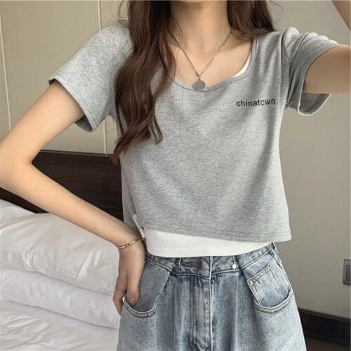 Streetwear Women Fashion Tops Summer Short Sleeve Crop Top Casual Patchwok T-shirts Blusas Mujer Cotton Plus Size Clothes XXXL