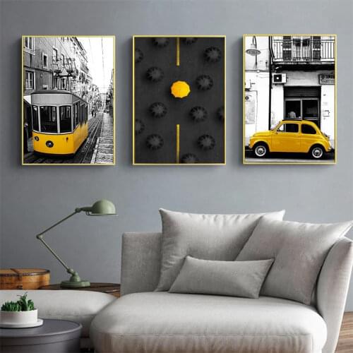 European City Scenery Picture Nordic Canvas Painting Wall Art Yellow style Car Umbrella Landscape Posters Prints for Home Decor