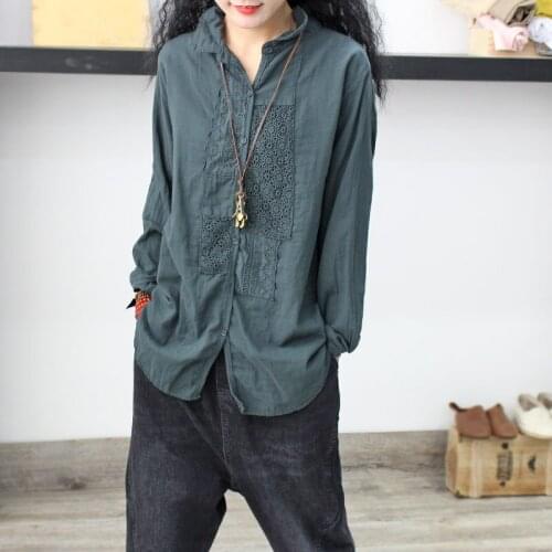 Vintage Lace Patchwork Linen Women Shirts 2021 Summer Solid Long-Sleeved Loose Casual Long Female Shirts Outwear Coat Tops