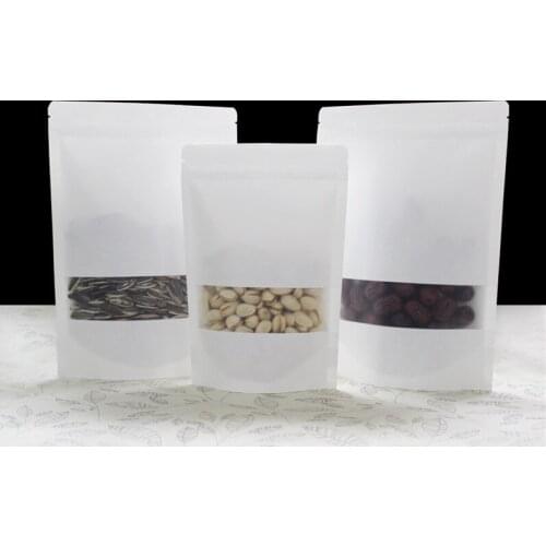 YTP198-3 14x20+4cm Thicken Stand Up White Kraft Paper Ziplock Bags for Coffee Nuts Snack Tea Packaging Storage Pouches with Fros