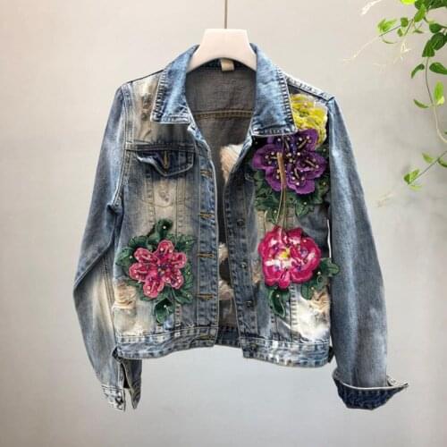 Quality Single breasted appliques rivet beading Denim jacket female embroidery flowers diamond beading denim outwear tops wq1590