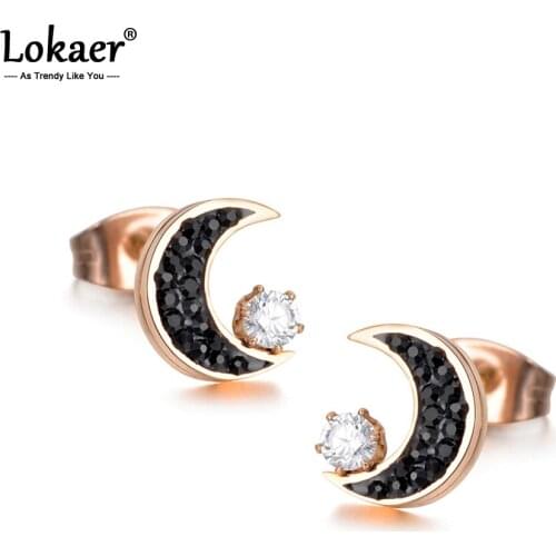 Lokaer Classic Titanium Steel Rhinestone Moon Earrings Jewelry Rose Gold Color Cubic Zirconia Stud Earring For Women E18011
