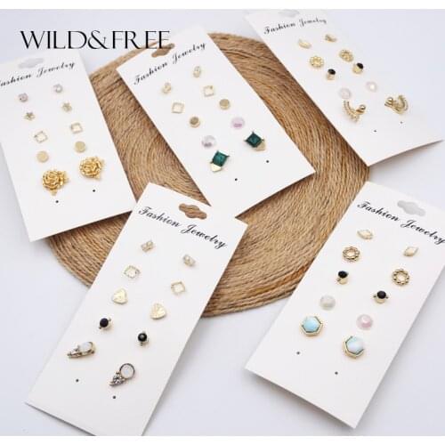 Wild&Free Hot Sale DIY Stud Earrings Set For Women Girl Gold Crystal Geometric Flower Moon Star Stud Earrings Wholesale