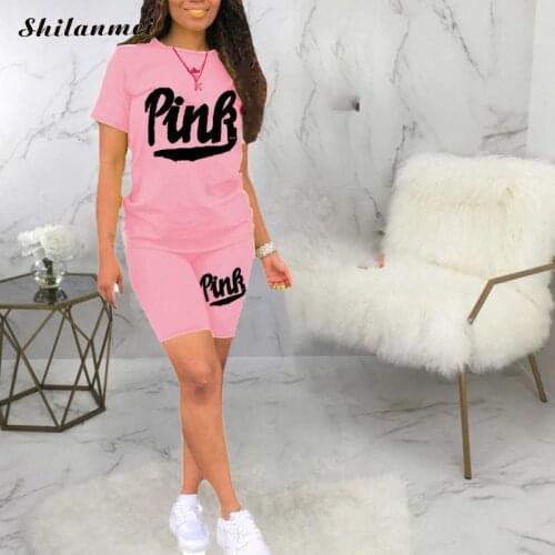 Casual Shorts Sets For Women 2021 Summer Pink Letter Two Piece Sets Pants And Top S-XXL Size Matching Sets Womens Clothing