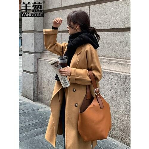 Double sided cashmere coat womens medium length autumn winter 21 new double breasted 100% wool tweed Korean style coat
