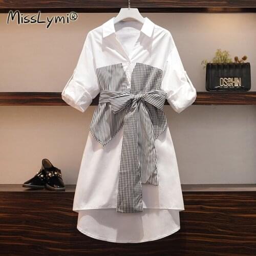 XXXL Large Size Women White Cotton Shirt Dress Summer 2021 Fashion Black and White Plaid Patchwork Fake Two Piece Ladies Dresses