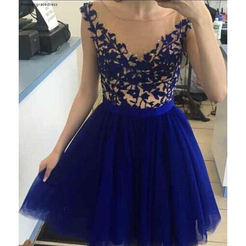 Cheap Short Royal Blue Cap Sleeves Prom Dress Fashion Knee Length Holiday Club Wear Homecoming Party Dress Plus Size Custom Made