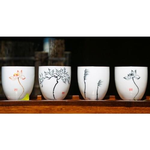 2 pcs/lot Retro Handmade Ceramic Teacup Hand painted lotus pattern Tea Bowl Chinese Porcelain Tea set Accessories Master Teacup