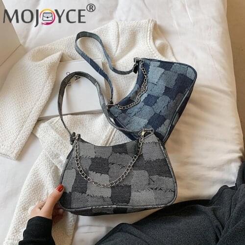 2021 Pleated Female Handbag Fashion Women Casual Hit Color Grid Denim Chain Small Shoulder Underarm Bags Women