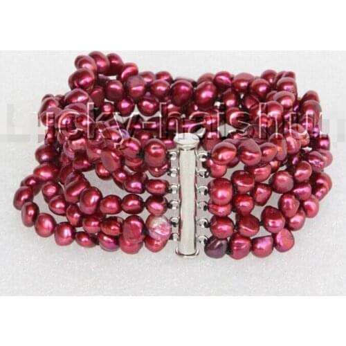 8" 7mm 6row Baroque wine red pearls bracelet magnet clasp @^Noble style Natural Fine jewe FREE SHIPPING