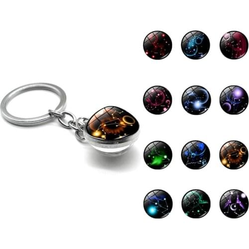 Leo 12 Constellation Keychain Fashion Double Side Cabochon Glass Ball Keychain Zodiac Signs Jewelry for Men Women Birthday Gift