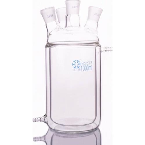 Double-deck cylindrical Four-necked flat bottom flask,Capacity 1000ml,Joint 24/29,Mezzanine jacketed reactor bottle