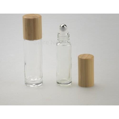 20/50pcs 10ml Clear Glass Bottle Roll On Empty Fragrance Perfume Essential Oil Bottles With Metal Ball Roller Bamboo Cap