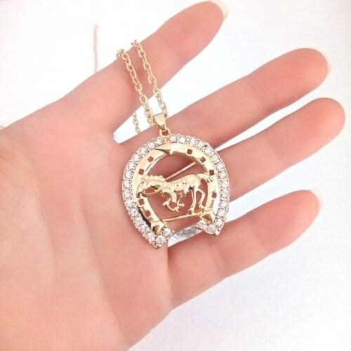 Hzew crystal running horse and horseshoe pendant necklace horse necklaces