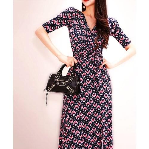 Korea Sexy V Neck Short Sleeve Slim Dresses Geometric Pattern Printed Dress Summer Dress Women Vintage Dress Woman Dress SL172
