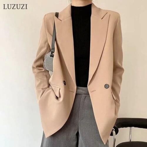 LUZUZI Spring Autumn Fashion Oversized Women Blazer Office Lady Coat Vintage Notched Pocket Suit Female 2021 Casual Overcoat