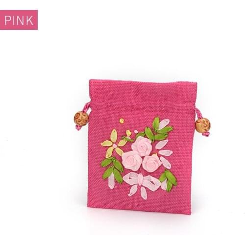 New Pink Burlap Embroidered Jewelry Storage Bag Women Earring Pendent Bracelet Ring Packaging For Lover Gift Jewellery Organizer