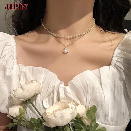New Fashion Kpop Pearl Choker Necklace Cute Double Layer Chain Pendant For Women Jewelry Girl Gift B0924