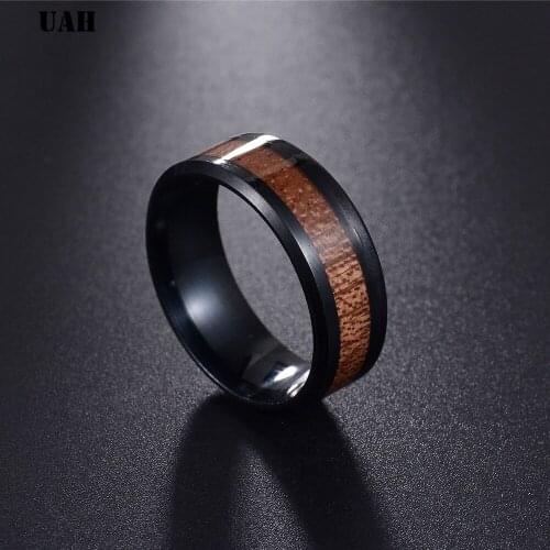 UAH Nature Koa Padauk Wood Inlay 316 L Stainless Steel Men Women Wedding Ring High Polished Comfort Fit Size 6-13