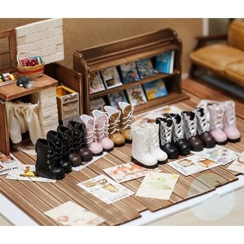 BJD doll shoes are suitable for 1/6 fashion ribbon middle leg boots fastening zipper shoes ankle boots black white pink brown