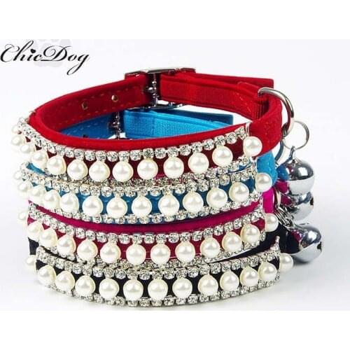 Pets world flocked dog pearls collars luxury cat kitten puppy velour collar chains XS S 4colors