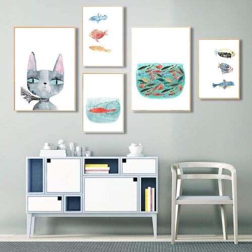 Poster Cartoon Cat Wearing A Scarf and Fish Animal Wall Art Painting Home Living Room Wall Decoration Print Picture Canvas Art