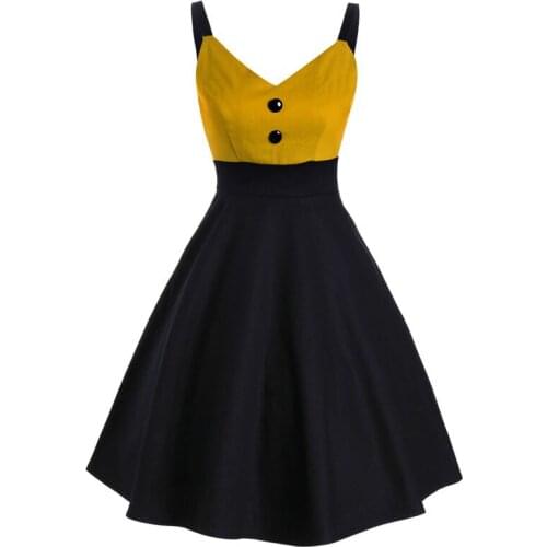 Vintage Yellow Black Button Spaghetti Strap Dress 2020 Summer V Neck High Waist Fit and Flare Clothes for Women Swing Dresses