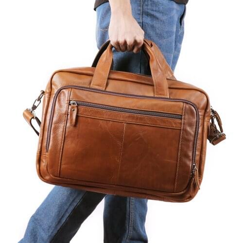 Mens Briefcases Genuine Leather 17" Laptop Bag Large Capacity Business Messenger Bags Office Male Tote Travel Handbag
