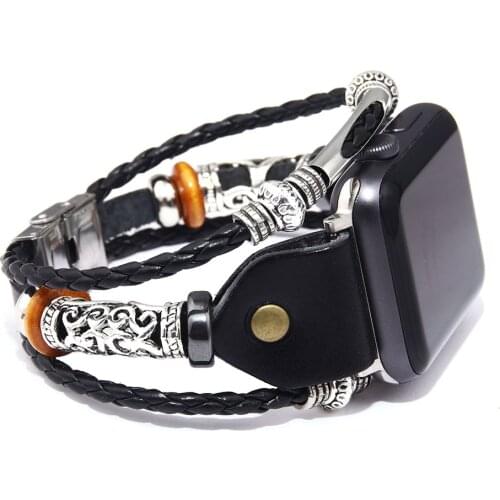 Vintage PU Leather Band For Apple Watch Series 7 6 5 4 3 2 1 SE Replacement Bead Braided Bracelet Strap For 38mm 40mm 42mm 44mm