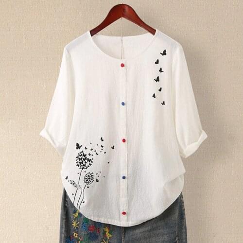 4#Butterfly Print Shirts Cotton Linen Women Blouse Casual Half Sleeve O-Neck Button Loose Shirt Top Spring Elegant Plus Size Tee