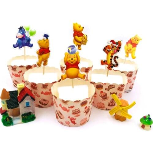 24pcs Winnie Bear Cupcake Cake Topper Happy Birthday Cake Flags Stick For Family Birthday Party Baking Decoration Supplies