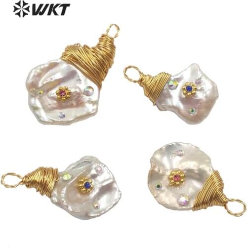 WT-JP167 Natural Freshwater Pearl pendant wire wrapped natural pearl with CZ paved charm pendant Fashion Elegant handmake Jewel