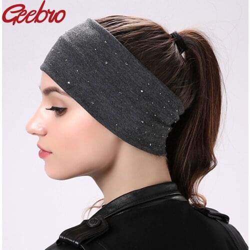 Geebro Womens Rhinestone Elastic Headband Summer Casual Plain Color Black Cotton Hair Head Band Ladies Flat Headbands Accessory