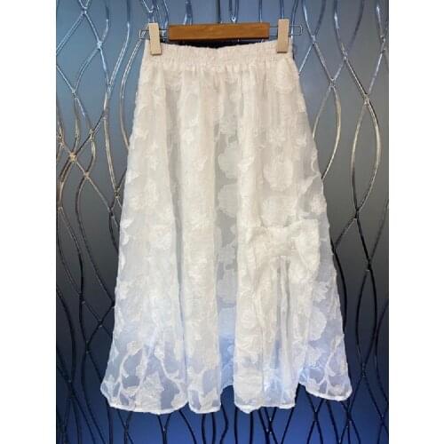 High Quality Womens Skirt 2021 Autumn Ladies Elastic Waist Vintage Jacquard Floral Print Bow Deco Casual White Black Skirts