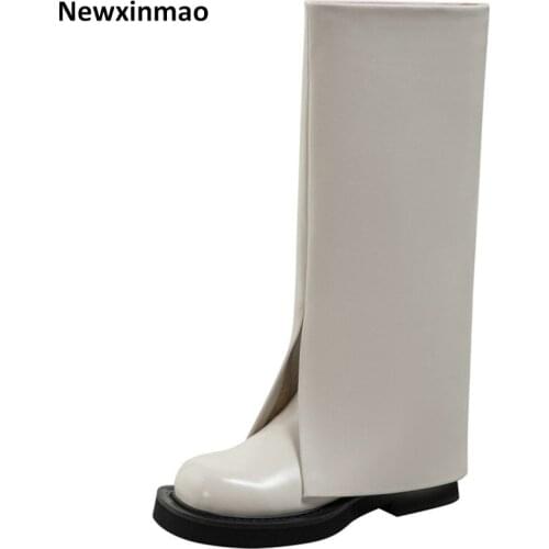 2021 New Concise Designer Knee High Boots Wide Leg Genuine Leather Thick Heels Womens Shoes Wedding Basic Winter Boots
