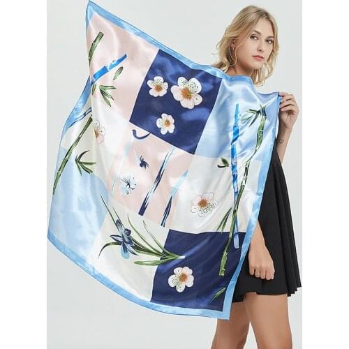 2019 Women Blue Neck Scarf For Hair Bamboo Floral Printed Silk Satin Hijab Scarfs 90*90cm Square Shawls Wraps Scarves For Ladies
