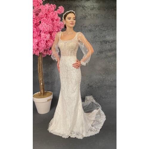 Womens Cream Silver Embroidered Lace Fish Gown Custom Made Bridal Dress New Season Wedding Dress Quality and Stylish Lace