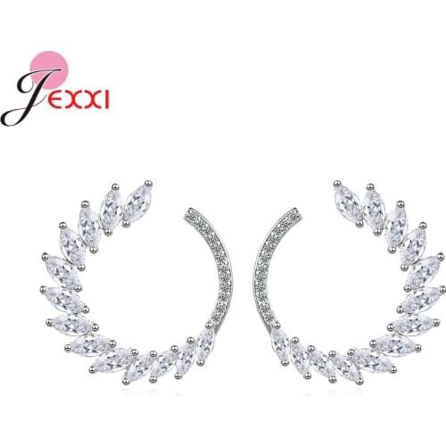 Leaves Pattern Stud Earrings For Women Real Sterling Silver 925 With Sparkling Crystal Silver Jewelry For Wedding Party