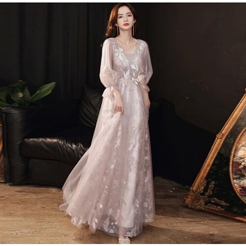 Floral Print Evening Dress V-Neck Fashion Full Sleeves Pleat Tulle Floor-Length Empire A-Line New Woman Long Formal Party Gowns