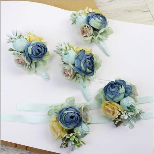 50Pcs DIY Blue corsage flower Free shipping bride groom bridesmaids corsage brooch hand wrist flower wedding photography props
