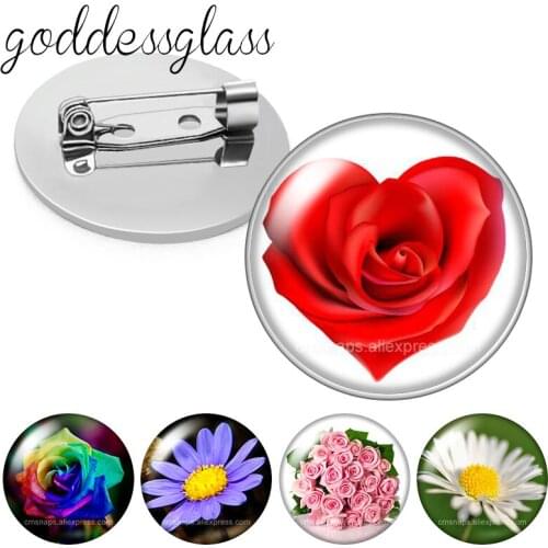Heart Rose Flowers Daisy Valentines Day Gift Round Glass cabochon Brooch Dome Photo Jewelry Brooches Pin For Woman Gift