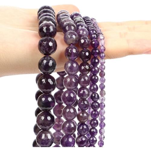 Natural Stone Beads Smooth Faceted Amethyst 4/6/8/10/12MM Purple Stripe Agates Loose Bead For Jewelry Making Bracelets Necklace