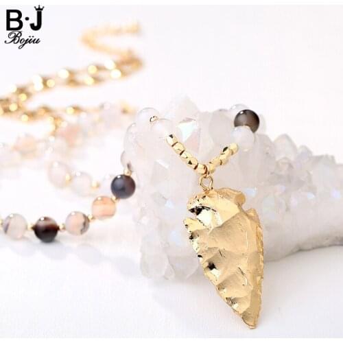 BOJIU Long Necklace Natural Stone Bohemia Trendy Girl Colourful New Fashion Pendant Necklaces With Copper Chain NKS032