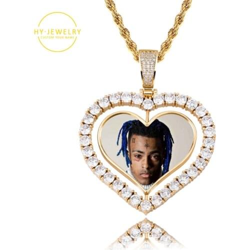 Personalise Heart Shaped Custom Photo Spin Double Sided Medallion Pendant Necklace With 4mm Tennis Chain Zircon Hip Hop Jewelry