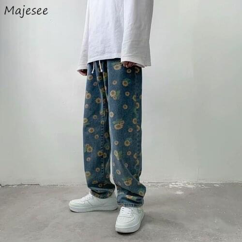 Men Jeans Floral Printed Drawstring Full Length Denim Designed Long Trousers Hip Hop Korean Style Trends Leisure Loose Handsome