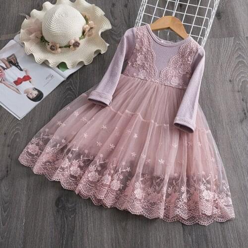 Elegant Flower Girls Dress Wedding Party Princess Dress Casual Kids Clothes Lace Long Sleeves Dress Childrens Vestidos For 2-7T