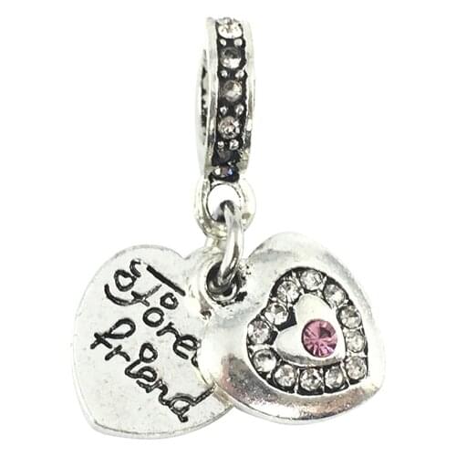 Forever Friend Heart With Pink Crystal Dangle European Beads Fit Charms Bracelets&Bangles Necklace