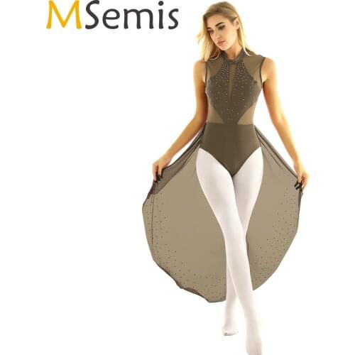 MSemis Lyrical Dance Costumes Women Shiny Rhinestone Backless Ballet Dance Leotard Gymnastics Clothes Bodysuit Ballet Tutu Skirt