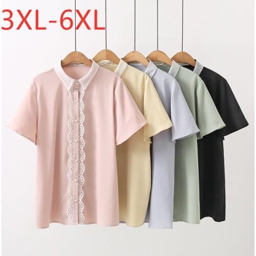 New 2021 Ladies Summer Plus Size Tops For Women Large Short Sleeve Loose Casual Pink Lace Button Chiffon Shirt 3XL 4XL 5XL 6XL